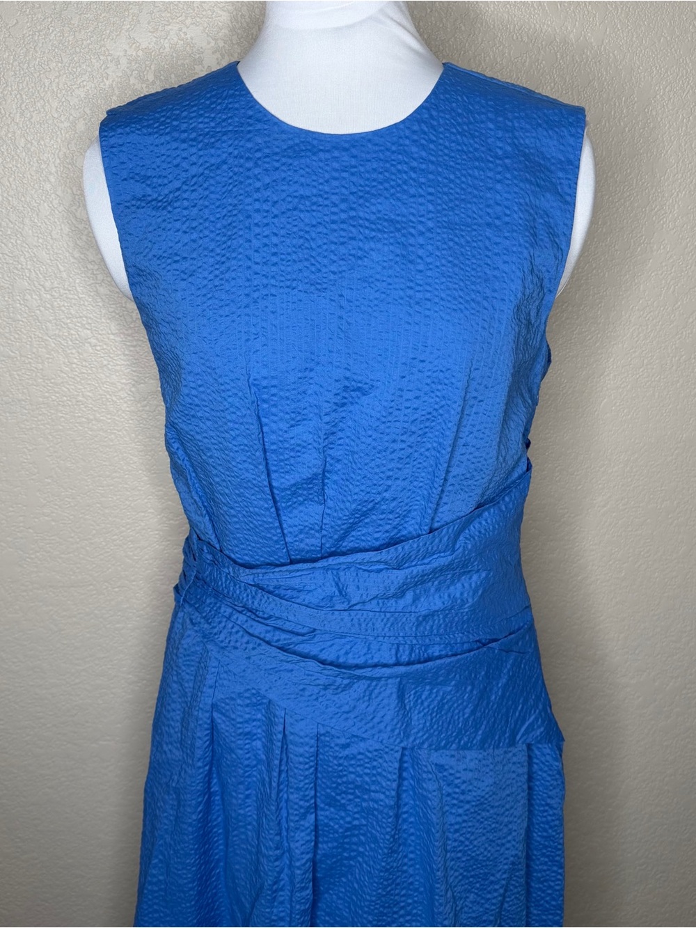 FRAME Ruched Sleeveless Cotton Midi Dress Size Medium Coastal Blue Draped Waist - Picture 6 of 11